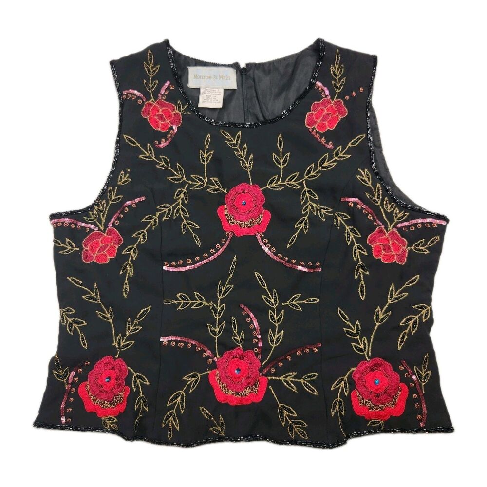 Monroe & Main Sleeveless Embroidered Top Womens 14 Sequins Beads Red/Black VTG